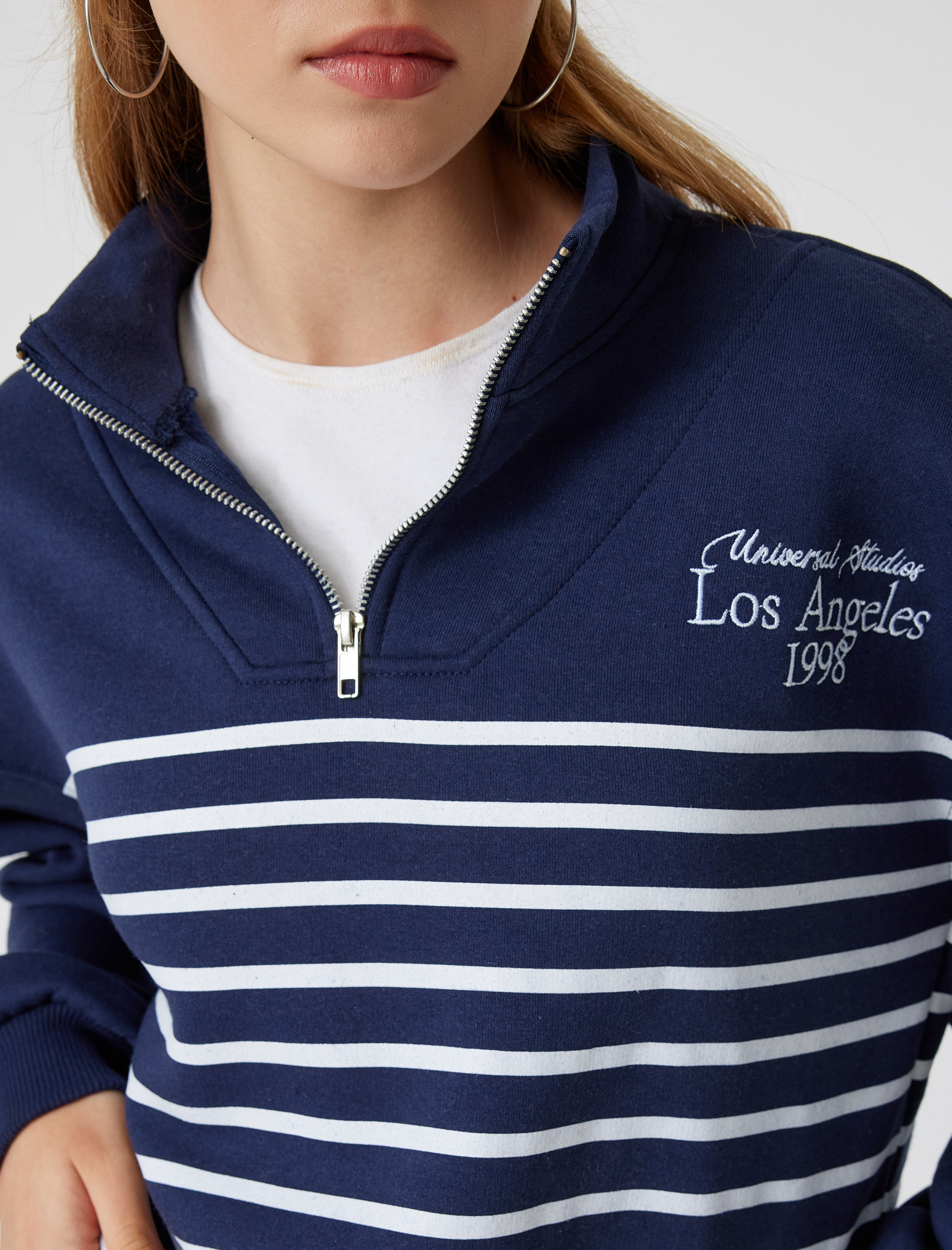   Şardonlu Yarım Fermuarlı Sweatshirt Oversize Kolej Baskılı Dik Yaka