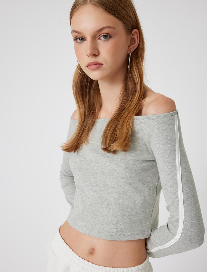  Madonna Yaka Omzu Açık Uzun Kollu Biyeli Crop Tişört