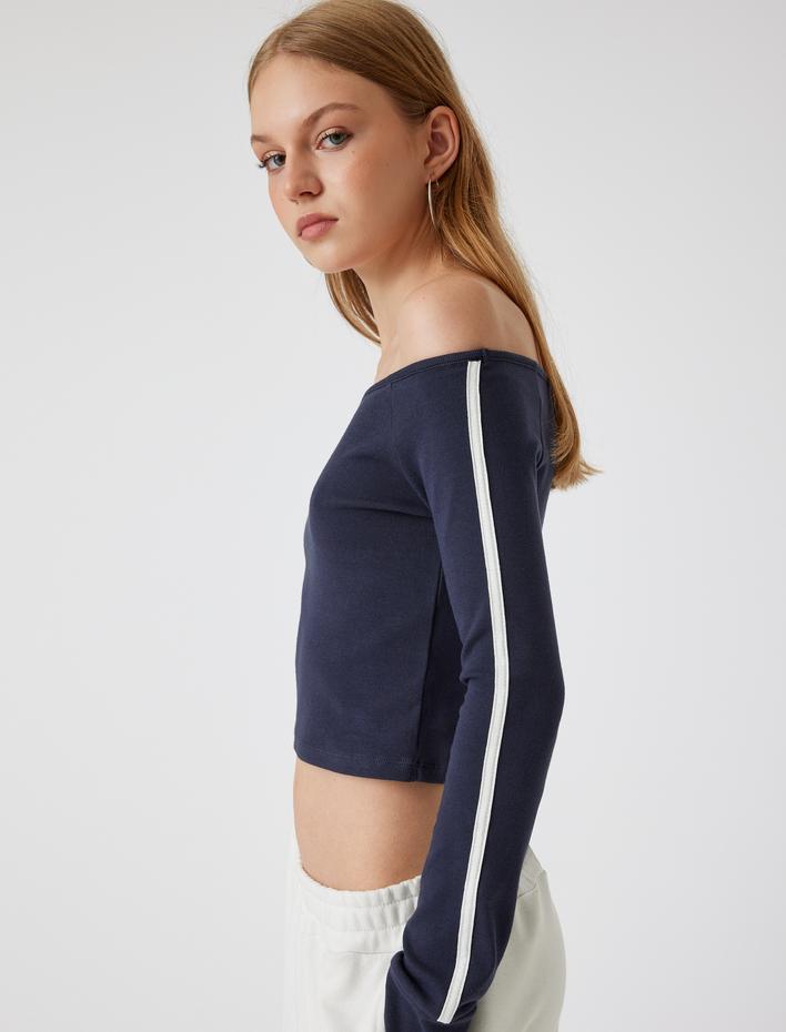  Madonna Yaka Omzu Açık Uzun Kollu Biyeli Crop Tişört