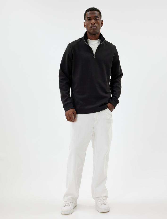  Basic Pamuklu Yarım Fermuarlı Sweatshirt