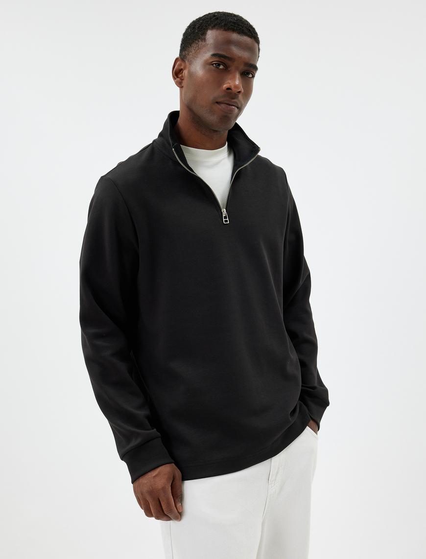   Basic Sweatshirt Yarım Fermuarlı Uzun Kollu Pamuklu