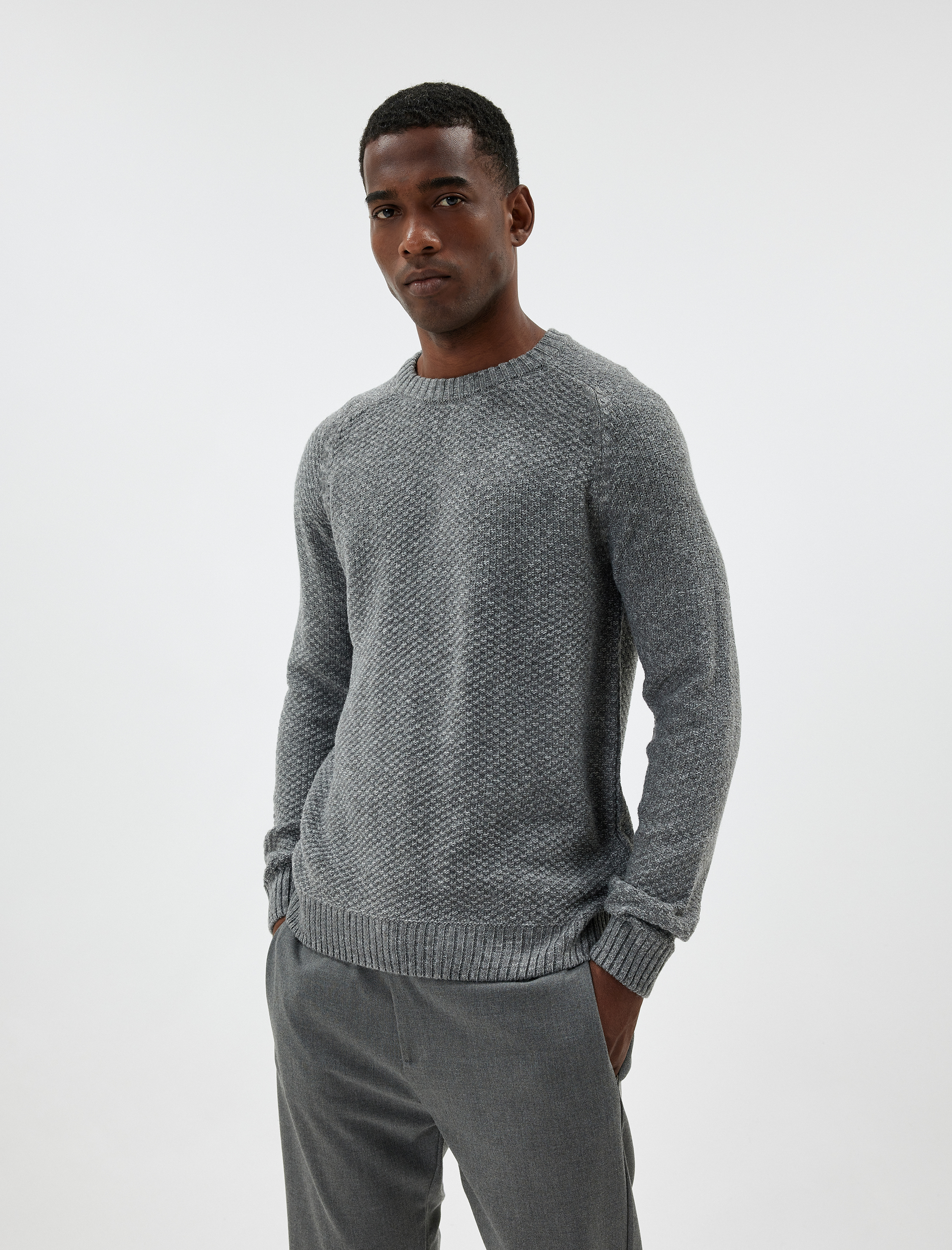 Kışlık Triko Kazak Basic Bisiklet Yaka Dokulu Uzun Kollu