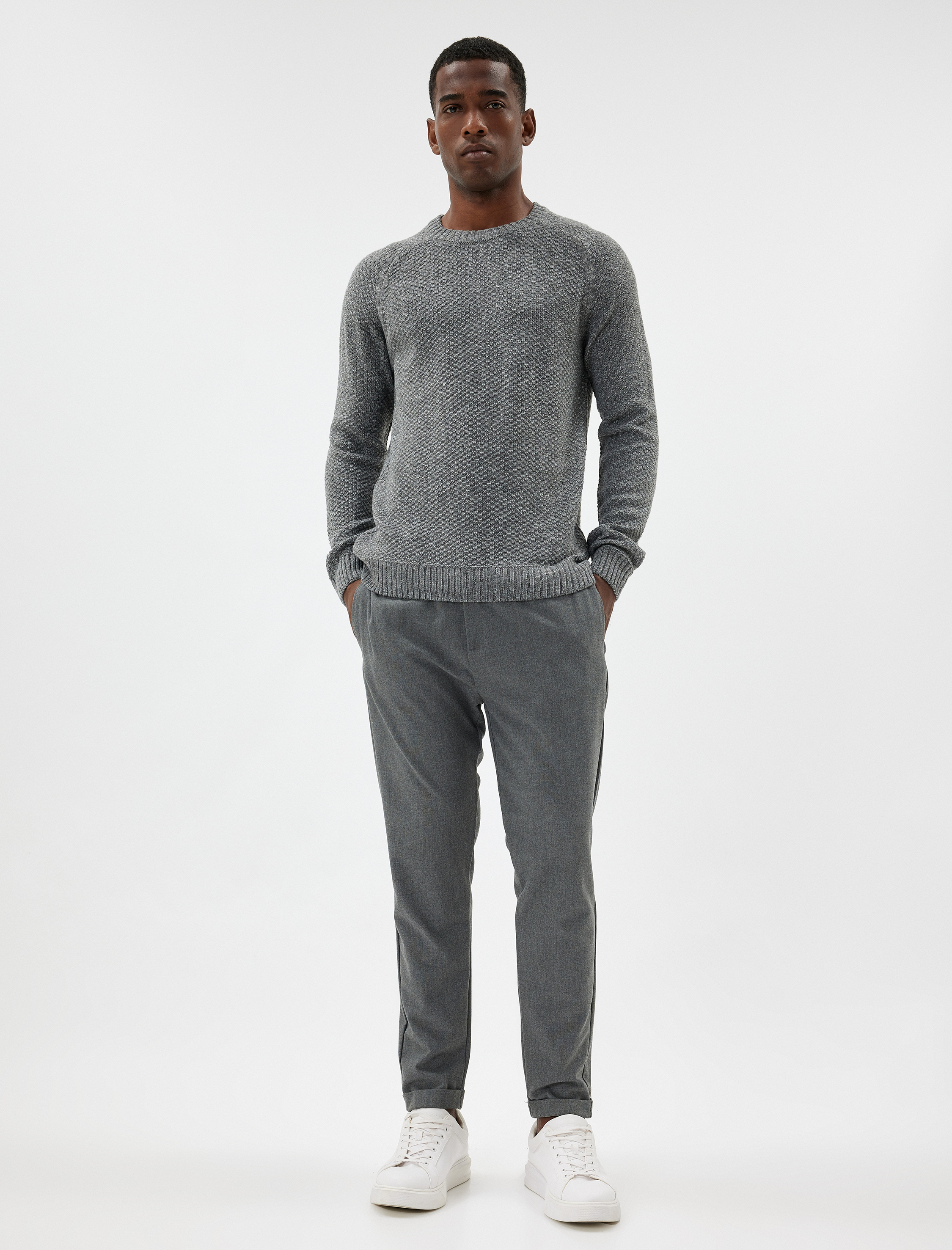 Kışlık Triko Kazak Basic Bisiklet Yaka Dokulu Uzun Kollu