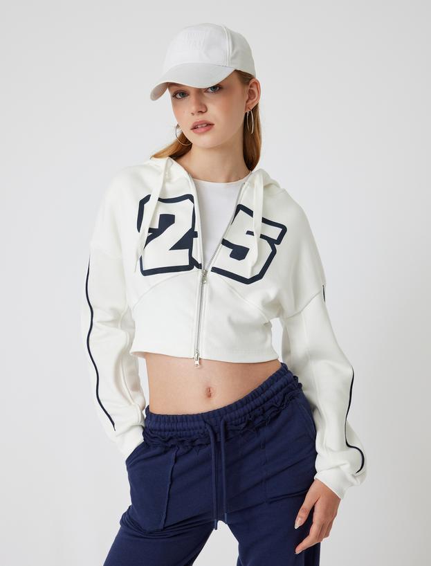 Crop Sweatshirt Kapüşonlu Fermuarlı Korse Detaylı Kolej Baskılı Cepli_2