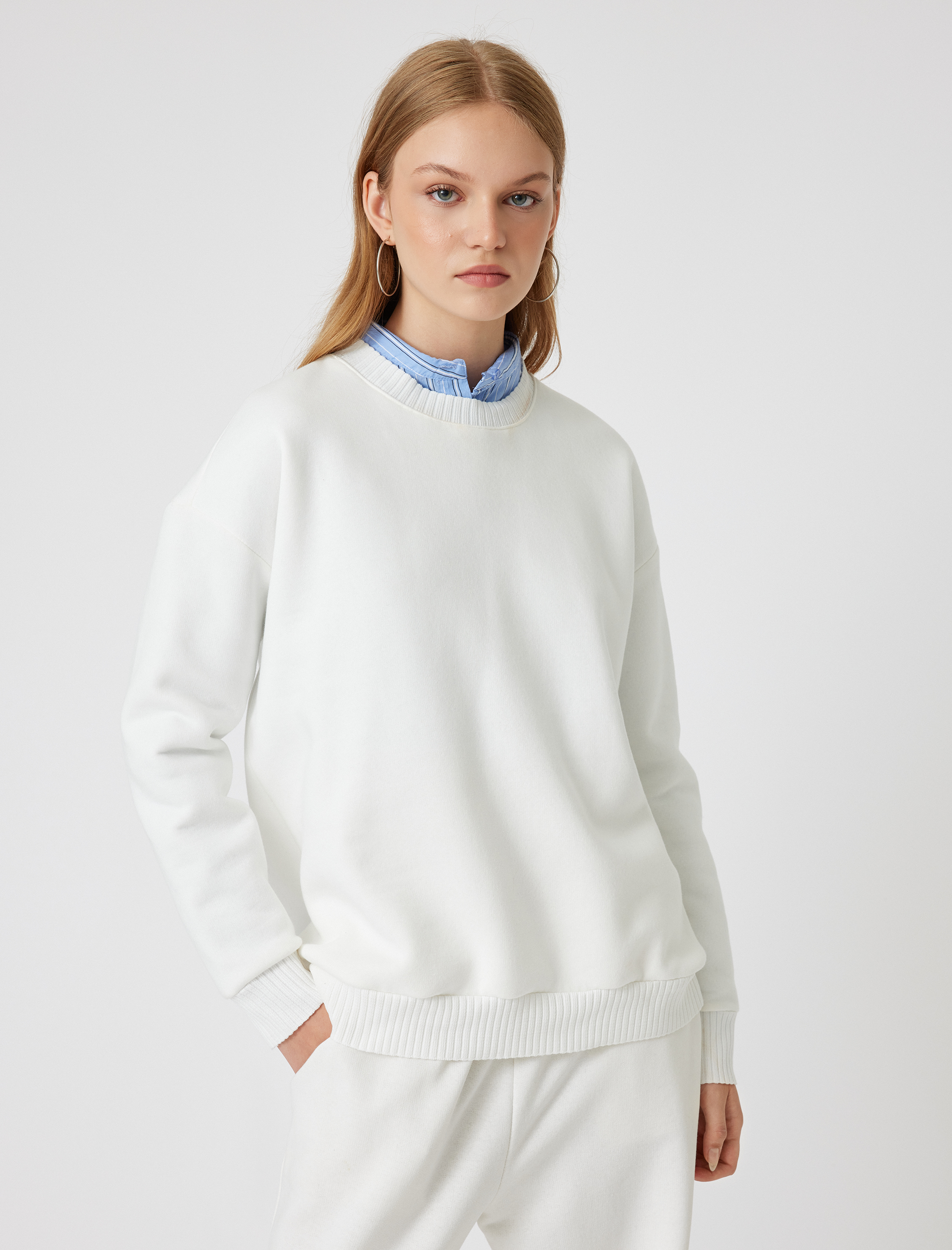   Şardonlu Basic Oversize Sweatshirt Uzun Kollu Bisiklet Yaka