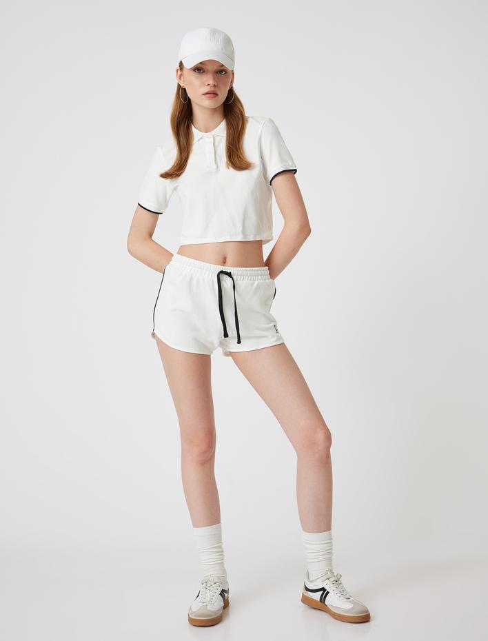  Mini Şort Beli Bağcıklı Slogan İşlemeli Biyeli Cepli