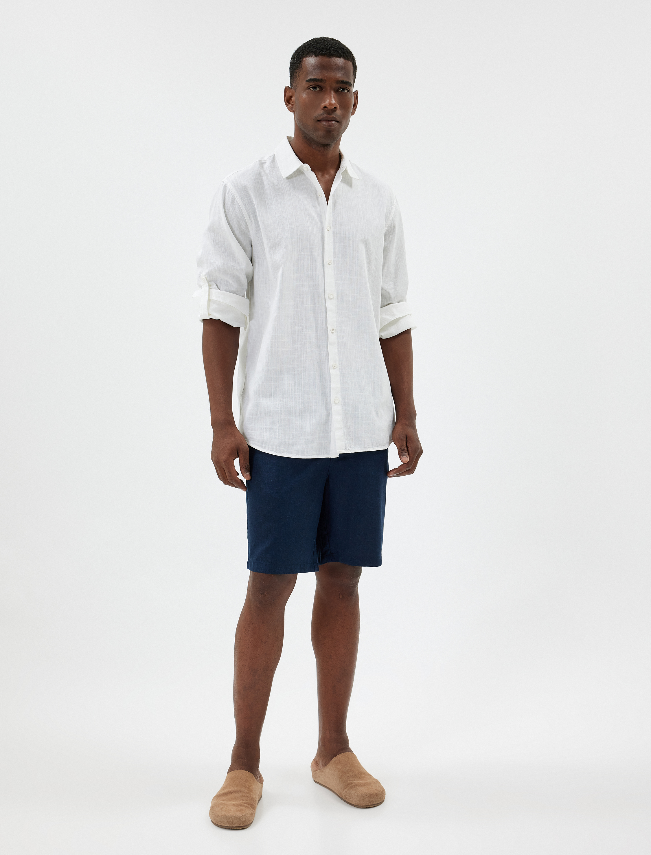   Bermuda Şort Viskon Keten Karışımlı Chino Cep Detaylı