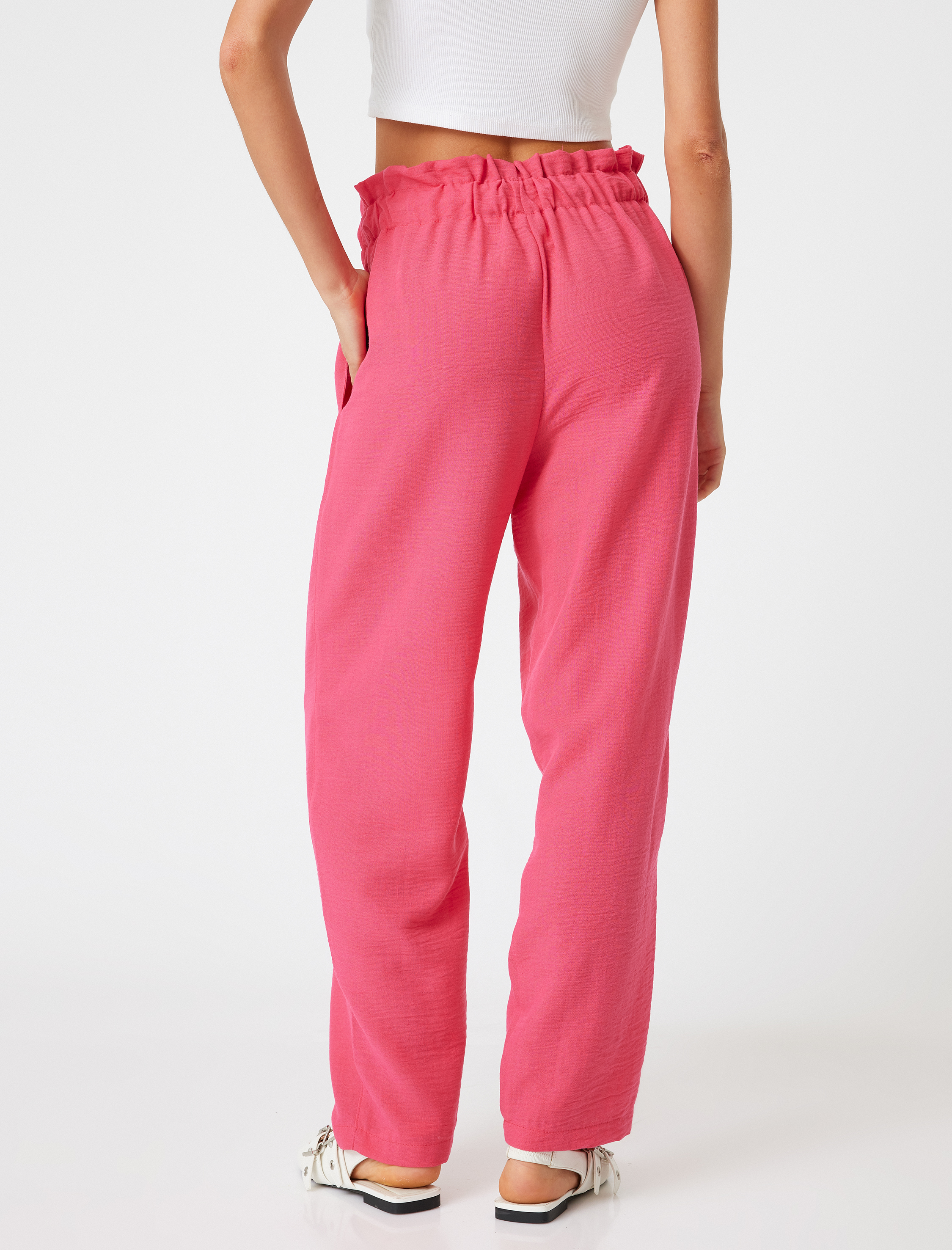   Bol Paça Pantolon Beli Lastikli Bağlamalı Cepli