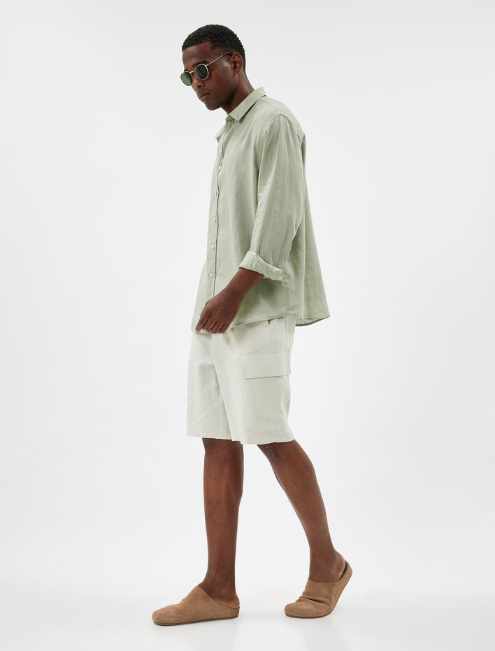  Keten Karışımlı Şort Kargo Bermuda Beli Bağcıklı Cep Detaylı