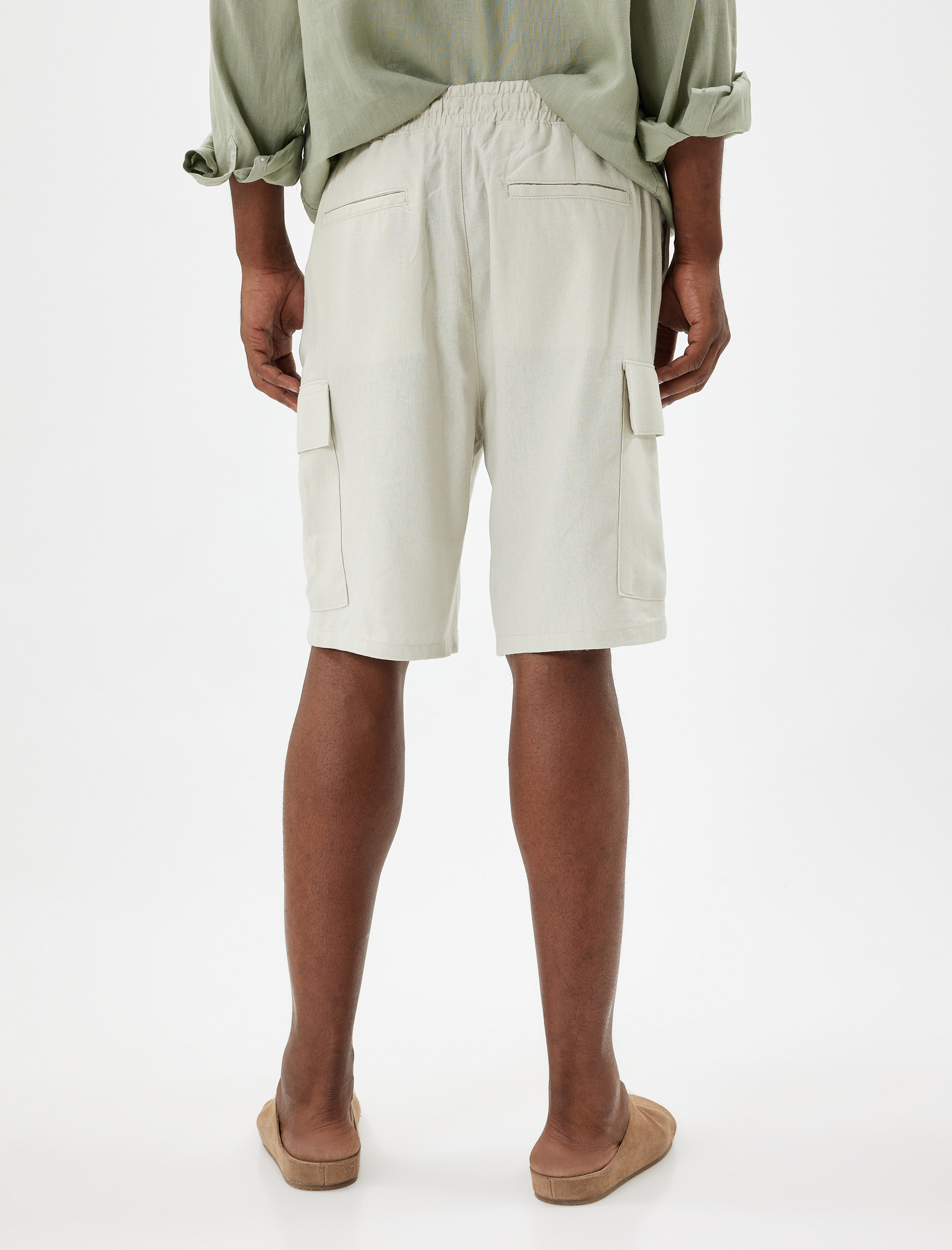   Keten Karışımlı Şort Kargo Bermuda Beli Bağcıklı Cep Detaylı