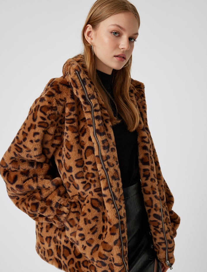  Peluş Mont Leopar Desenli Fermuarlı Dik Yaka Cepli