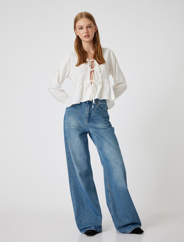  V Yaka Bluz Volanlı Slim Fit Bağcık Detaylı Uzun Kollu