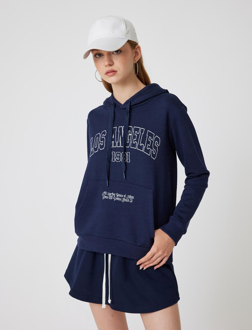   Oversize Sweatshirt Kapüşonlu Kolej Baskılı Kanguru Cepli