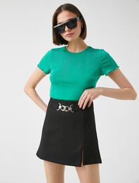 Bisiklet Yaka Kısa Kollu Fırfırlı Tişört