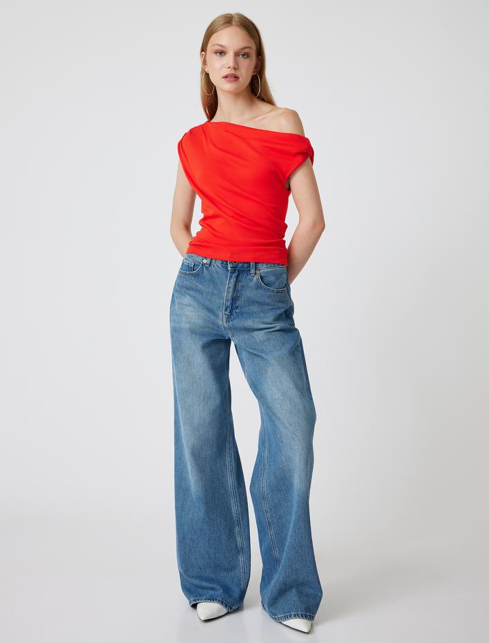  Tek Omuz Üst Omzu Açık Drapeli Slim Fit Pamuklu