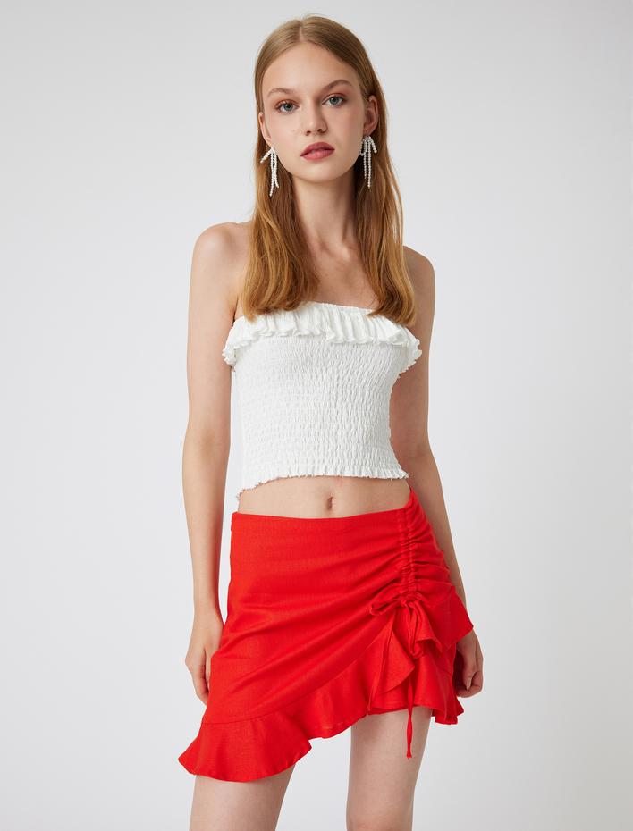  Fırfırlı Mini Keten Şort Etek Slim Fit Fiyonk Detaylı