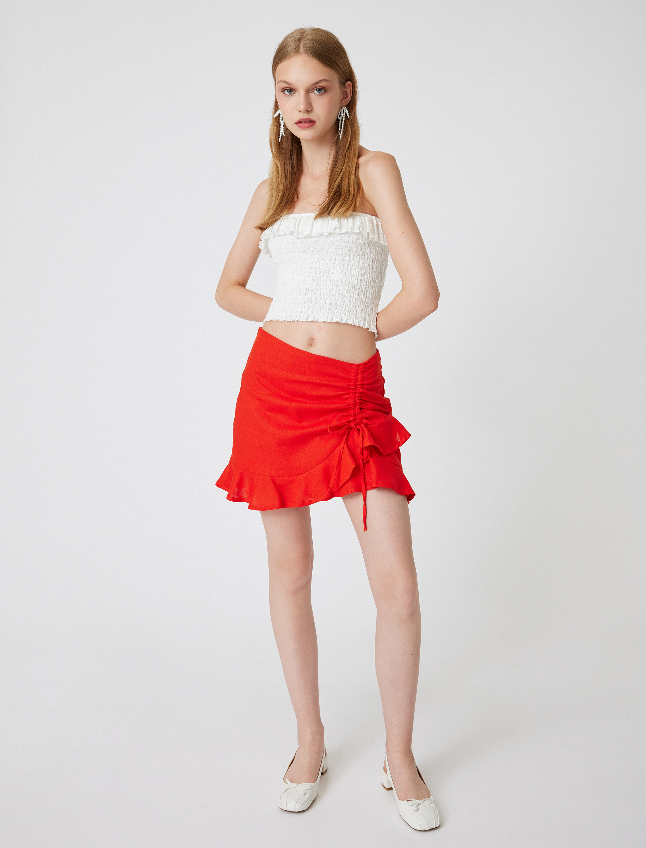 Koton Kadın Fırfırlı Mini Keten Şort Etek Slim Fit Fiyonk Detaylı -1