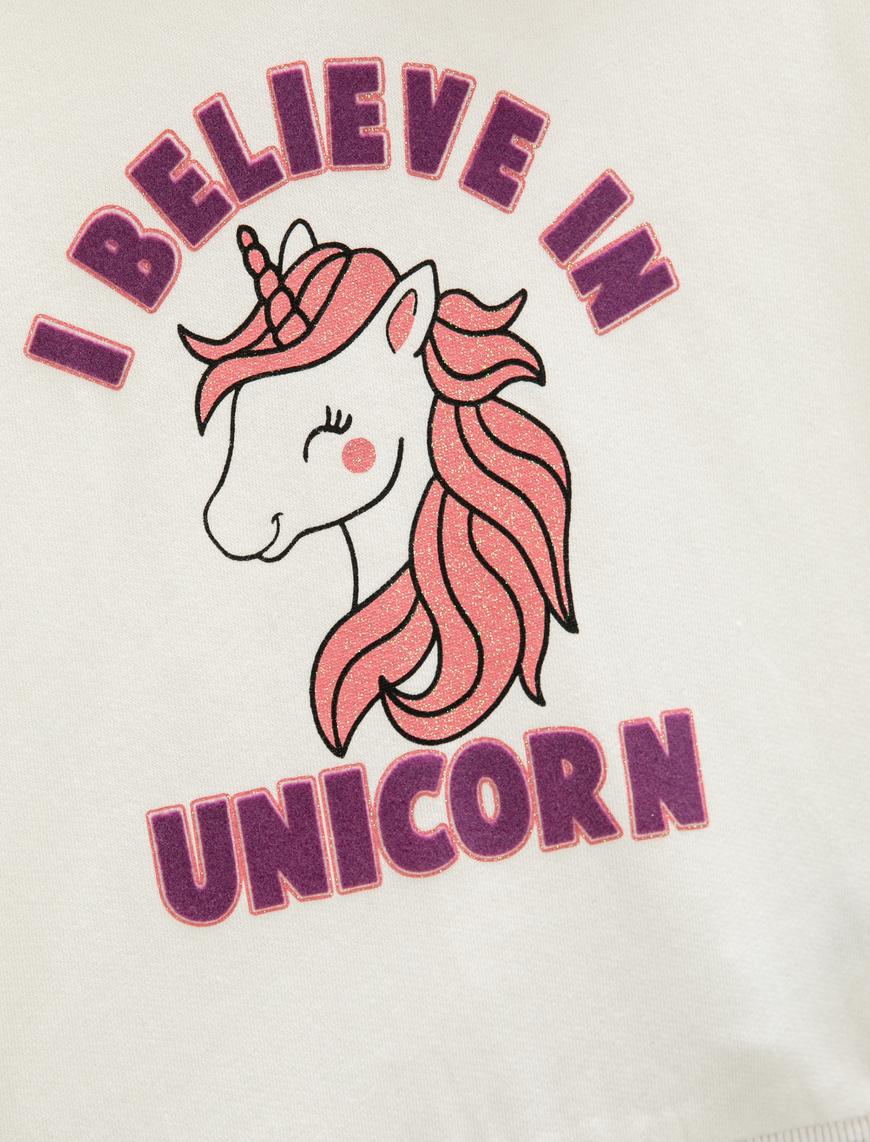  Kız Bebek Unicorn Baskılı Kapşonlu Sweatshirt Şardonlu Uzun Kollu