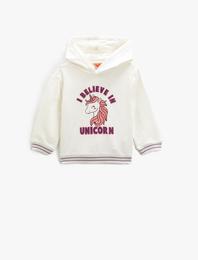 Unicorn Baskılı Kapşonlu Sweatshirt Şardonlu Uzun Kollu