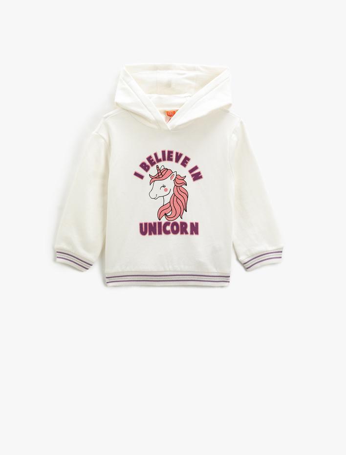 Kız Bebek Unicorn Baskılı Kapşonlu Sweatshirt Şardonlu Uzun Kollu