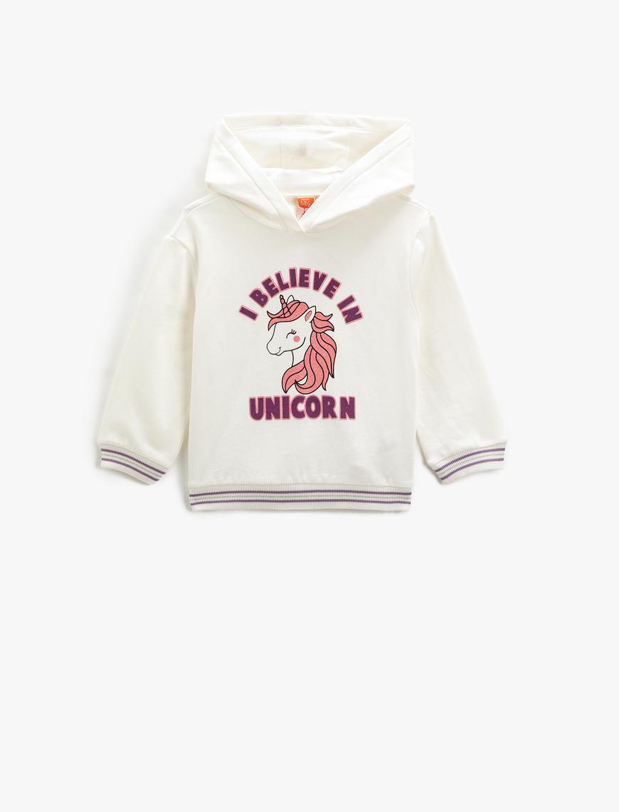  Kız Bebek Unicorn Baskılı Kapşonlu Sweatshirt Şardonlu Uzun Kollu