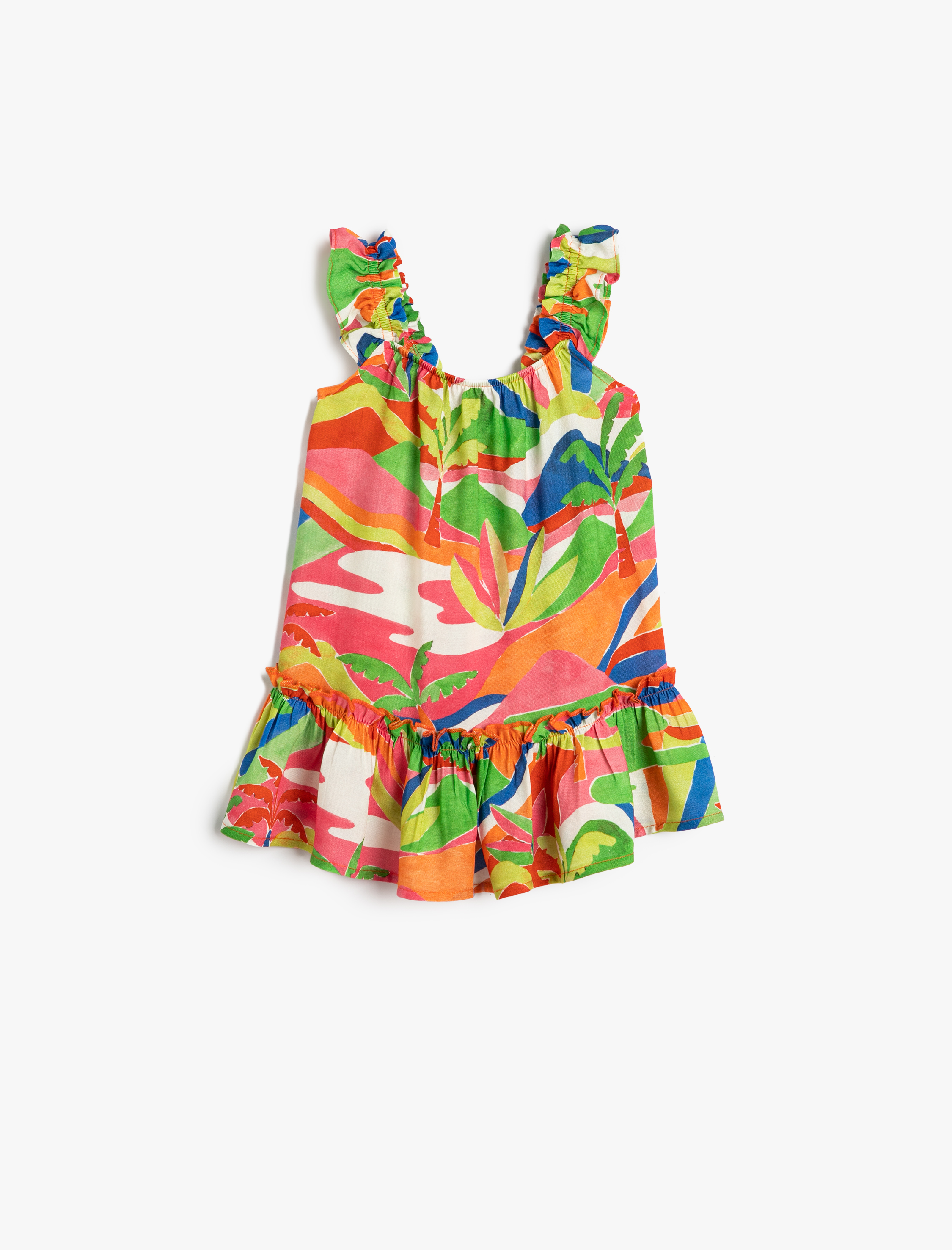  Kız Bebek Elbise Çiçekli Rahat Kesim Kolsuz Fırfırlı Viskoz