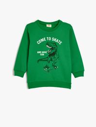 Sweatshirt Dinozor Baskılı Bisiklet Yaka Uzun Kollu Şardonlu