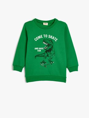 Sweatshirt Dinozor Baskılı Bisiklet Yaka Uzun Kollu Şardonlu