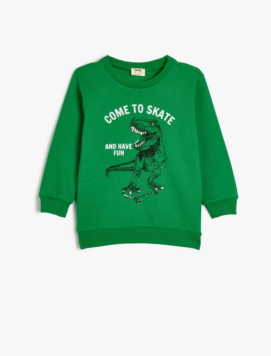  Erkek Çocuk Sweatshirt Dinozor Baskılı Bisiklet Yaka Uzun Kollu Şardonlu