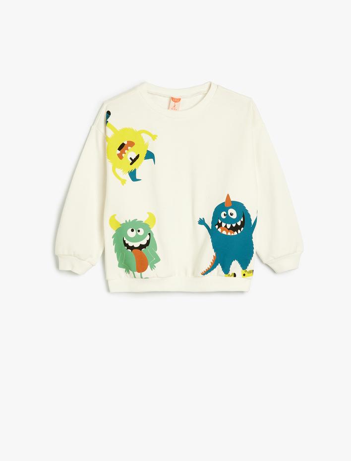 Erkek Bebek Sweatshirt Bisiklet Yaka Canavar Baskılı Pamuklu Şardonlu