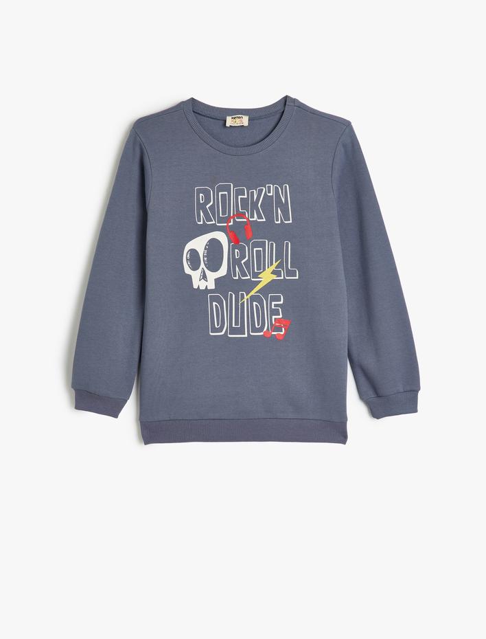 Erkek Çocuk Sweatshirt Kuru Kafa Baskılı Uzun Kollu Bisiklet Yaka Şardonlu