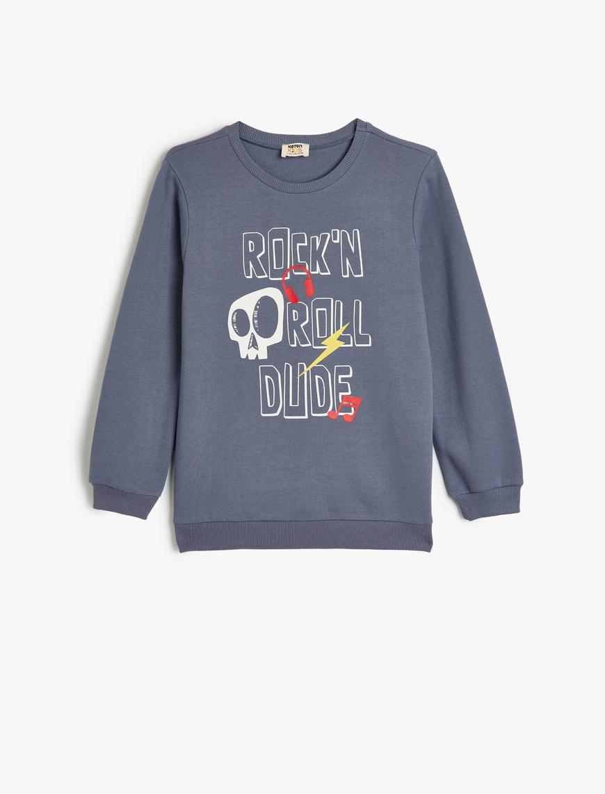  Erkek Çocuk Sweatshirt Kuru Kafa Baskılı Uzun Kollu Bisiklet Yaka Şardonlu