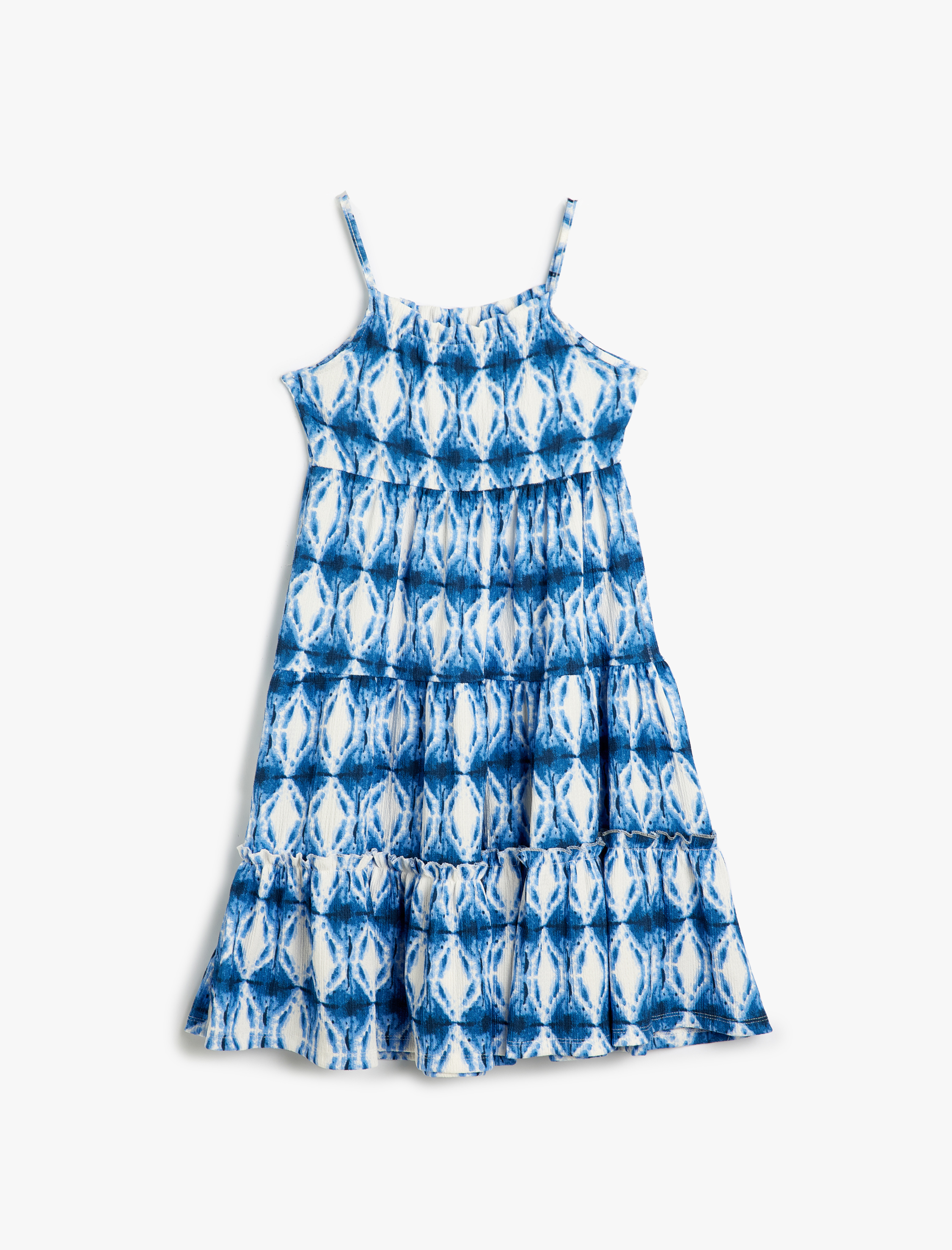  Kız Çocuk Elbise İnce Askılı Desenli Katlı Fırfır Detaylı