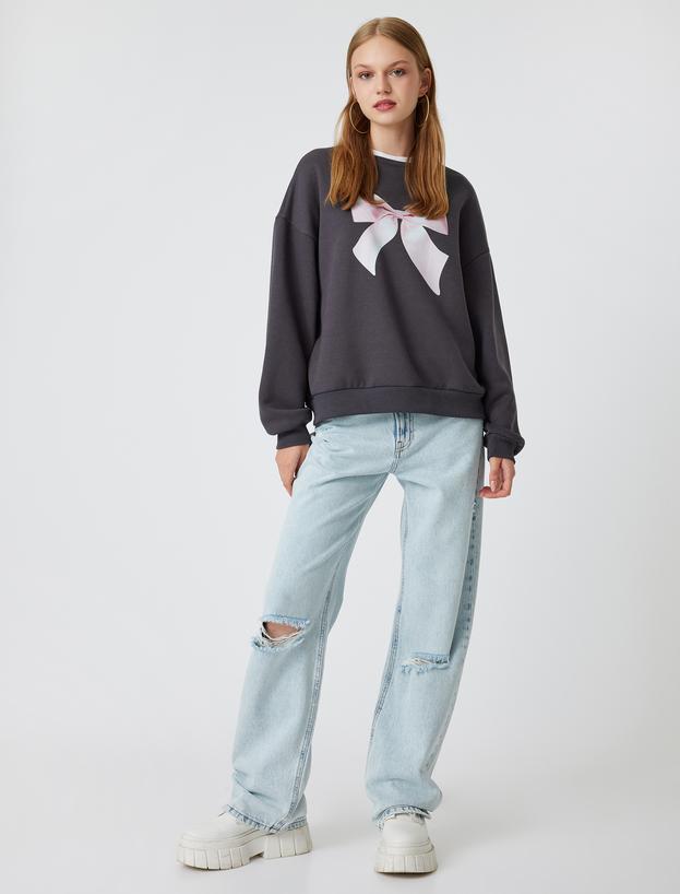 Oversize Sweatshirt Fiyonk Baskılı Bisiklet Yaka Şardonlu_1