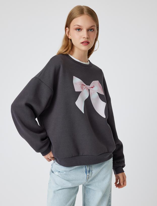 Oversize Sweatshirt Fiyonk Baskılı Bisiklet Yaka Şardonlu_2