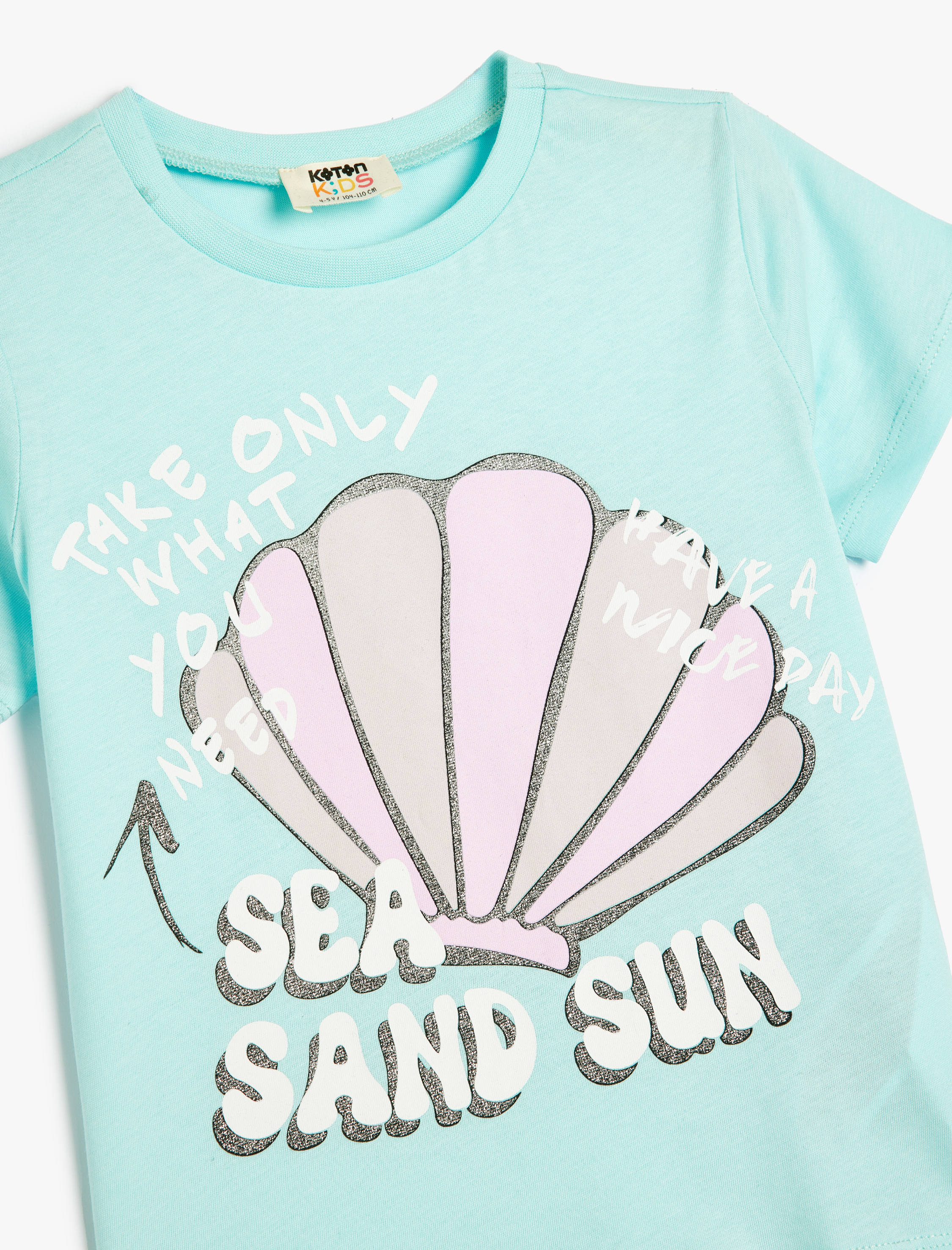  Kız Çocuk Tişört Kısa Kollu Yuvarlak Yaka Deniz Kabuğu Baskılı Pamuklu