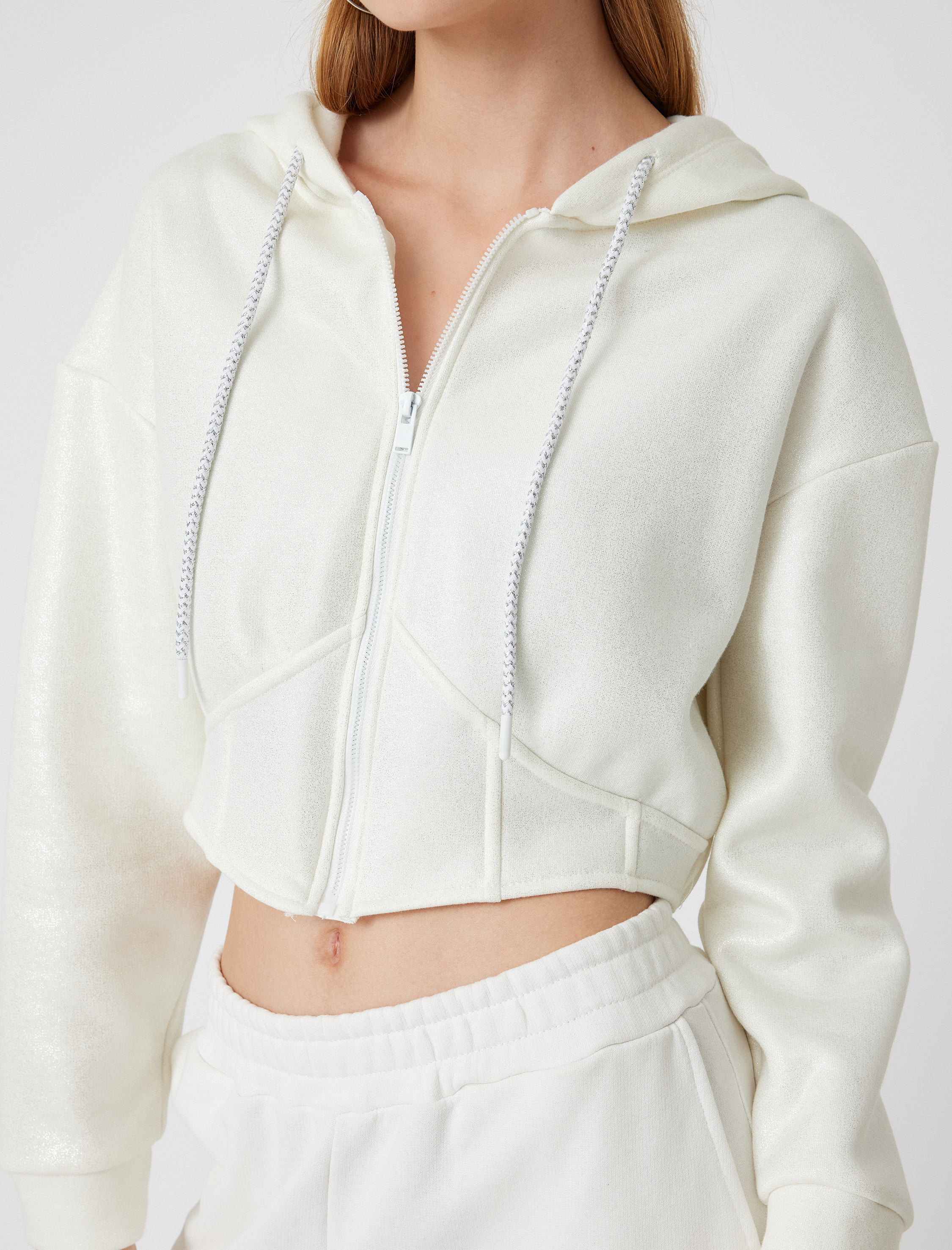   Şardonlu Crop Sweatshirt Kapüşonlu Fermuarlı Korse Görünümlü