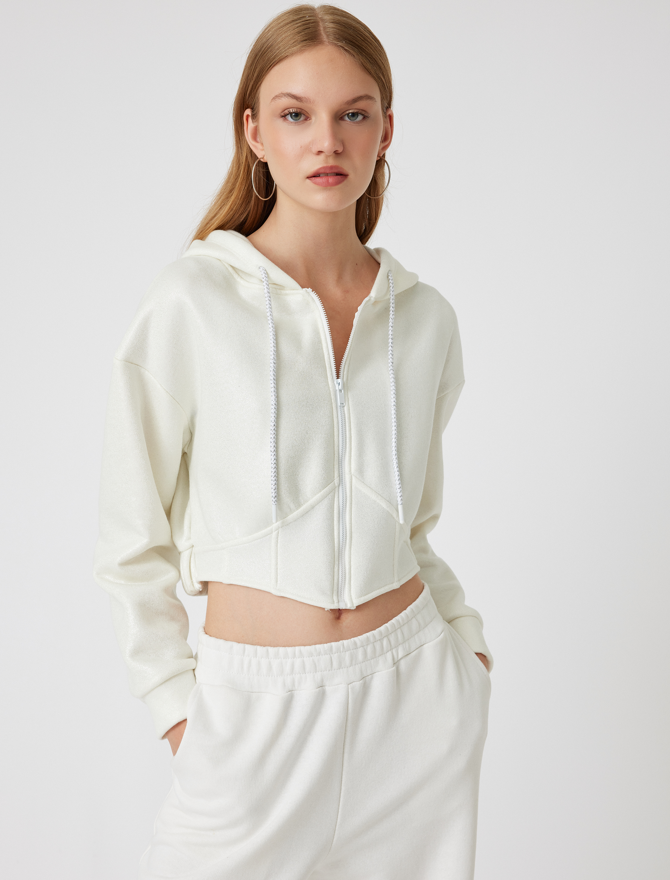  Şardonlu Crop Sweatshirt Kapüşonlu Fermuarlı Korse Görünümlü