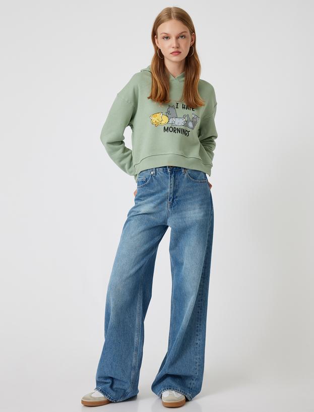 Oversize Crop Sweatshirt Kapüşonlu Kedi Baskılı_0