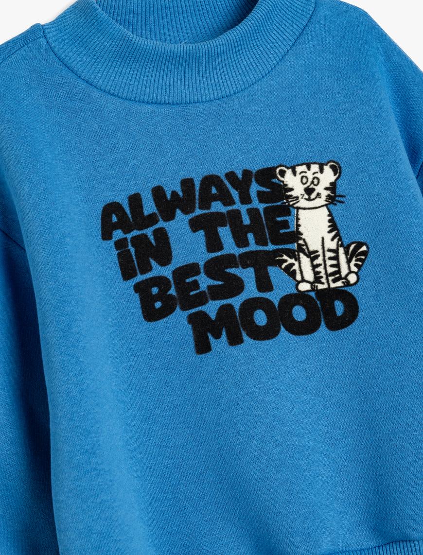  Erkek Bebek Sweatshirt Yarım Balıkçı Yaka Slogan Baskılı Uzun Kollu Şardonlu