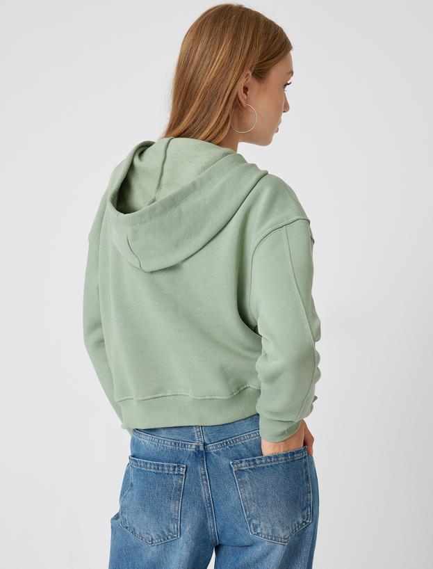 Oversize Crop Sweatshirt Kapüşonlu Kedi Baskılı_3