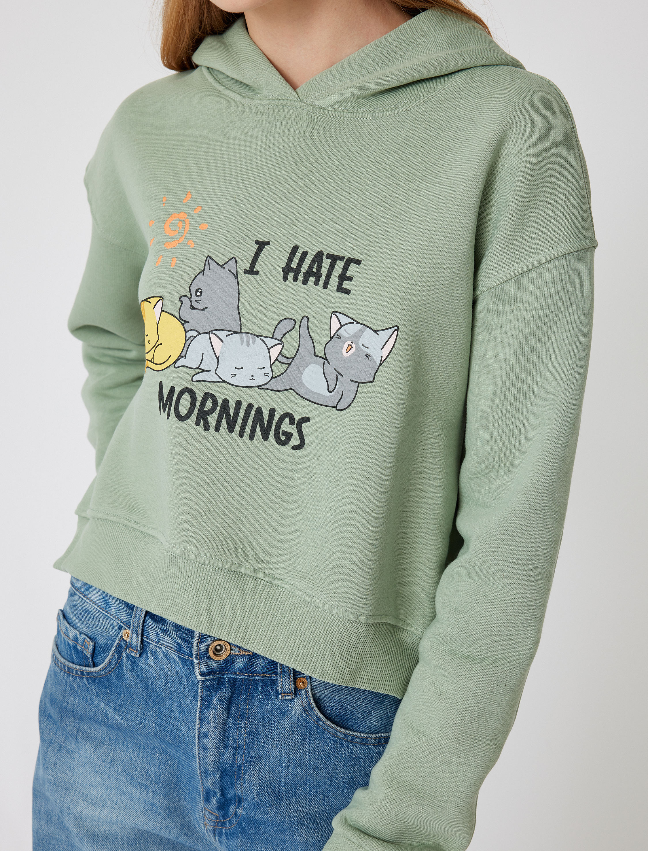   Şardonlu Oversize Crop Sweatshirt Kapüşonlu Kedi Baskılı