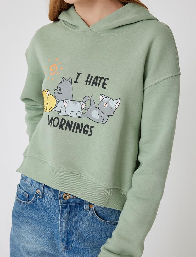 Oversize Crop Sweatshirt Kapüşonlu Kedi Baskılı_4