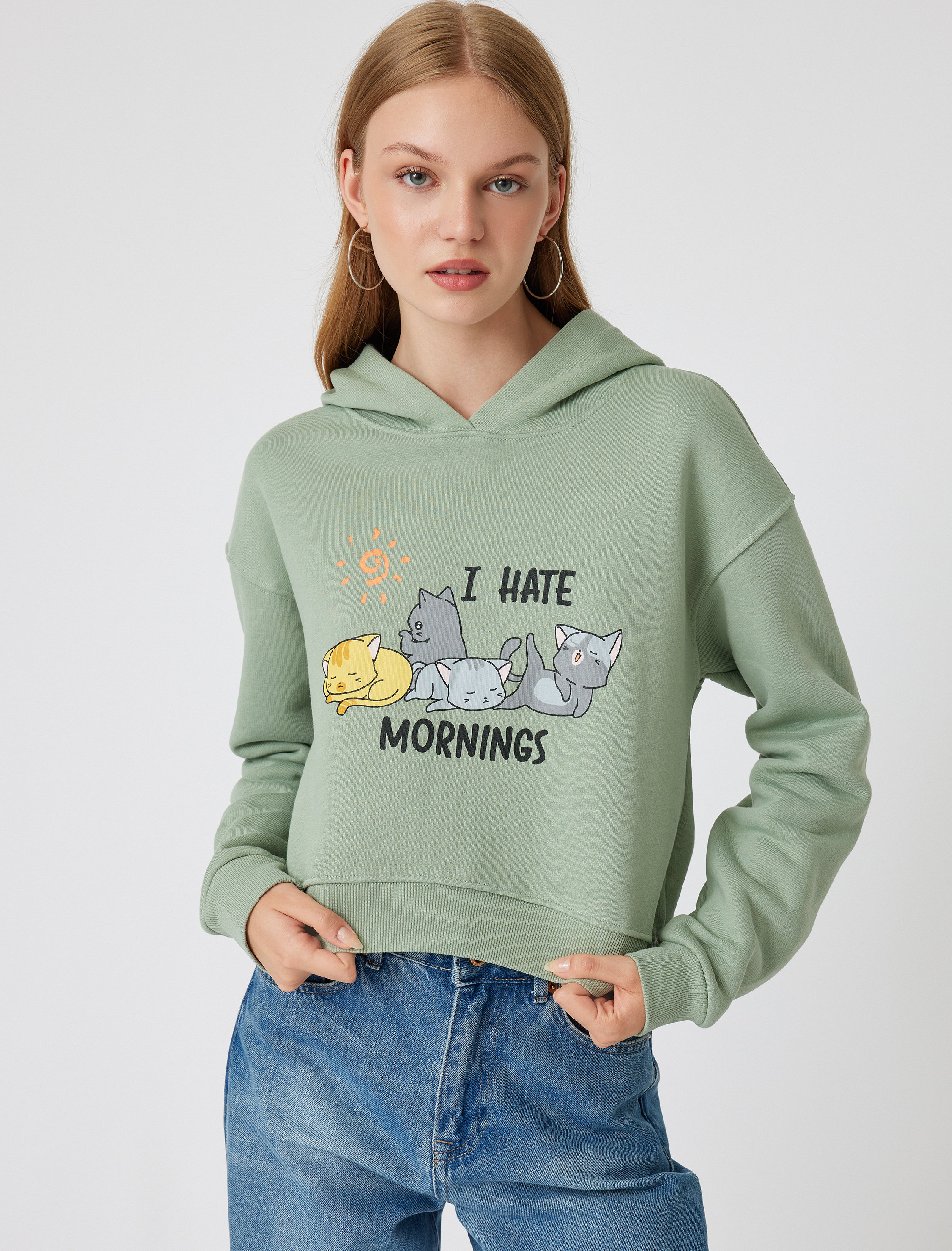   Şardonlu Oversize Crop Sweatshirt Kapüşonlu Kedi Baskılı