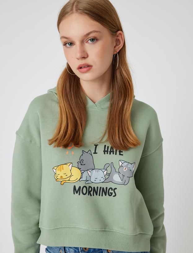 Oversize Crop Sweatshirt Kapüşonlu Kedi Baskılı_1