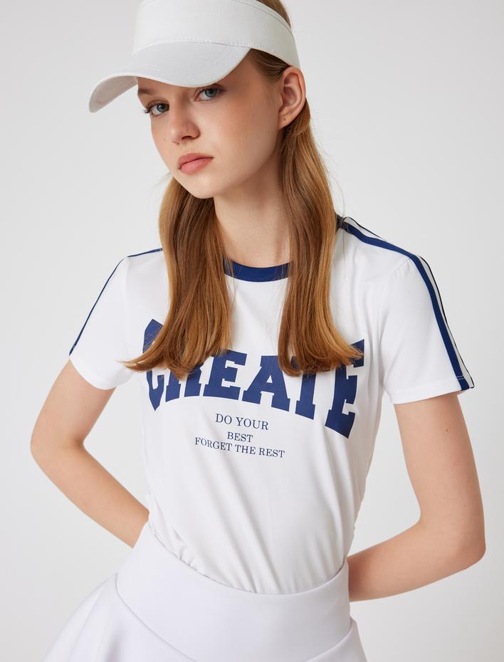  Spor Tişört Slogan Baskılı Biyeli Bisiklet Yaka Kısa Kollu