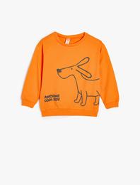 Sweatshirt Bisiklet Yaka Köpek Baskılı Uzun Kollu