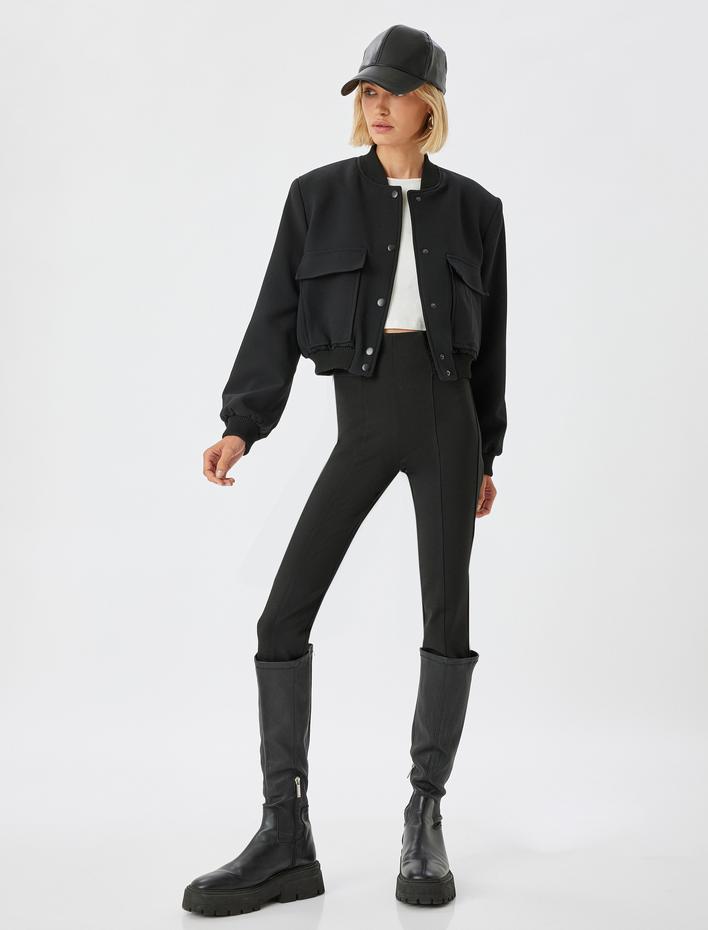  Nervürlü Tayt Yüksek Bel Lastikli Slim Fit