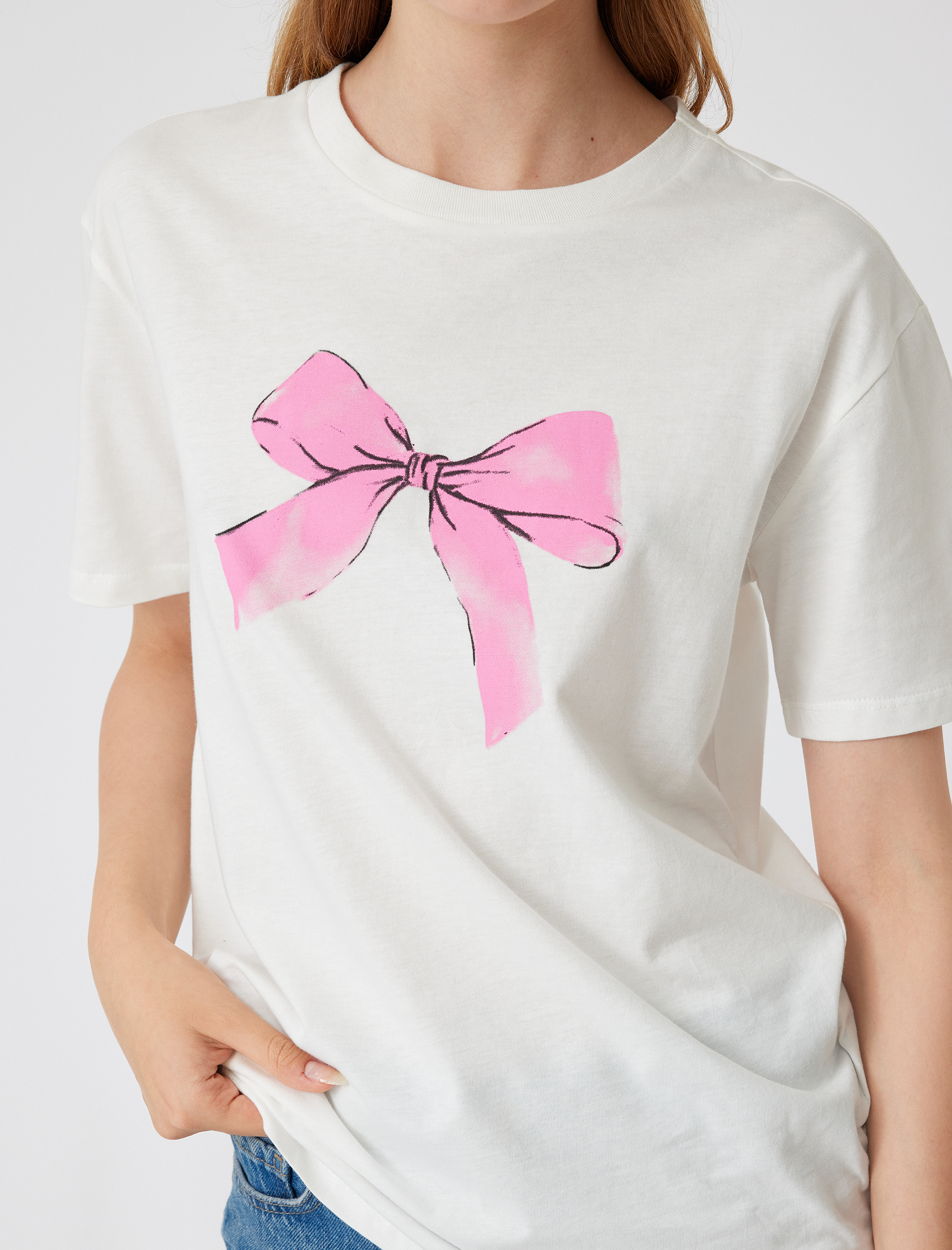   Oversize Fiyonk Baskılı Tişört Bisiklet Yaka Kısa Kollu