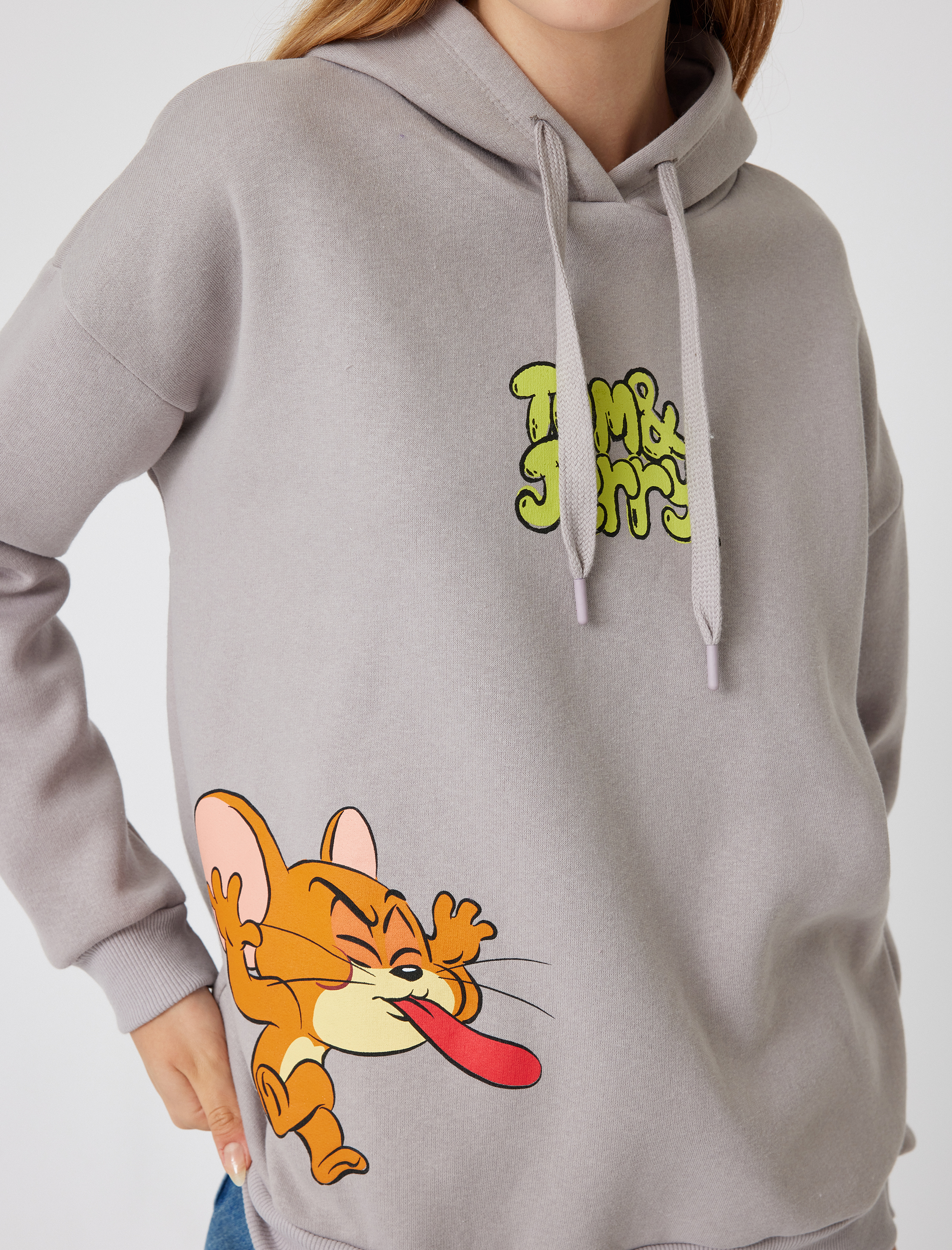  Şardonlu Tom ve Jerry Oversize Kapüşonlu Sweatshirt Baskılı Lisanslı